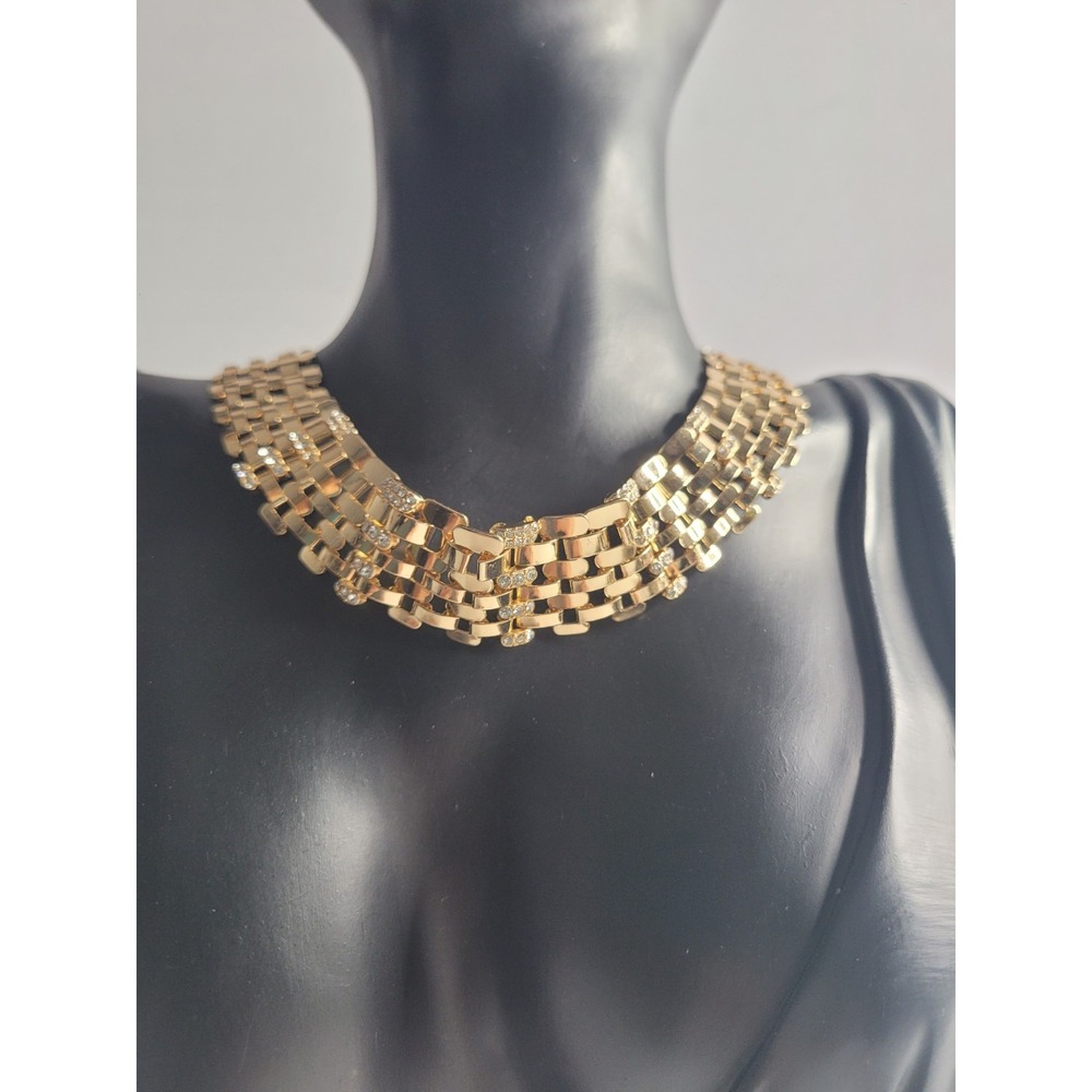 Gold Tone Multi Row Link Necklace‎ Rhinestone Accent Statement Collar Bib Chunky